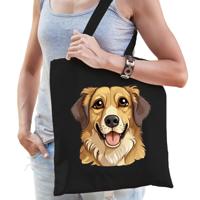 Cadeau tas voor hondenliefhebbers - zwart - Golden Retriever hond - cartoon - katoen - 42 x 38 cm
