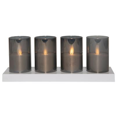 LED theelichthouders kaarsen - in glas - 4x - grijs - afstandsbediening en oplaadstation