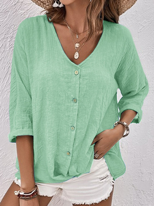 V Neck Cotton-Blend Linen Plain Blouse