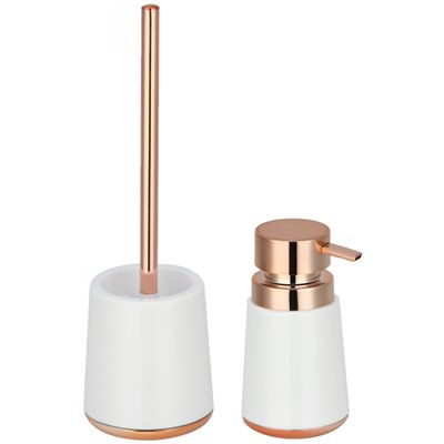 Toiletborstel in houder 38 cm/zeeppompje badkamer accessoires set Coruna - kunststof/RVS - wit/koper