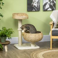 PawHut kattenboom, twee kattenbedden met wasbare kussens, twee krabpalen, speelgoedbal, beige+roomwit, 48 x 48 x 72 cm