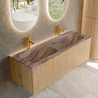 Badmeubel Mondiaz Kurve-Dlux | 130 cm | Meubelkleur Oak | Wastafelkleur Oza | Solid surface | Wasbak beide zijden spoelbak | 2 kraangaten