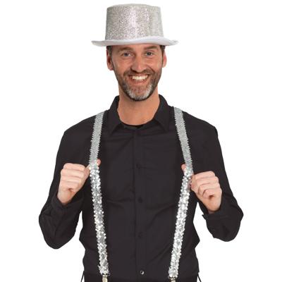 Carnaval verkleed set - zilver - glitter hoed en pailletten bretels- volwassenen - feestkleding