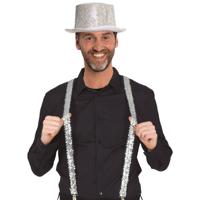Carnaval verkleed set - zilver - glitter hoed en pailletten bretels- volwassenen - feestkleding