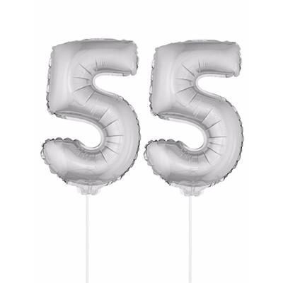 55 jaar leeftijd feestartikelen - versiering cijfers - zilver - ballonnen op stokje - van 41 cm 55 jaar leeftijd feestartikelen - versiering cijfers - zilver - ballonnen op stokje - van 41 cm