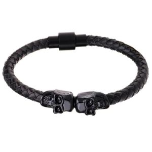 LGT Jewels Leren armband Edelstaal Twin Skull Zwart