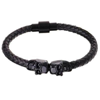 LGT Jewels Leren armband Edelstaal Twin Skull Zwart