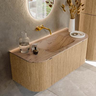 Badmeubel Mondiaz Kurve-Dlux | 110 cm | Meubelkleur Oak | Wastafelkleur Arena | Solid surface | Wasbak midden spoelbak | Zonder kraangat(en)