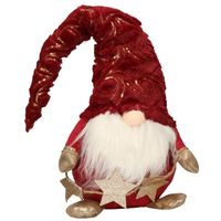 Decoratie pop - gnome/kabouter - 39 cm - rood met goud - kerstdecoratie