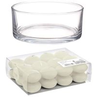 Cadeau set Lage luxe vaas 19 cm met ivoor witte drijfkaarsen Cadeau set Lage luxe vaas 19 cm met ivoor witte drijfkaarsen
