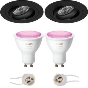Pragmi Alpin Pro - Inbouw Rond - Mat Zwart - Kantelbaar Ø92mm - Philips Hue - LED Spot Set GU10 - White and Color Ambiance - Bluetooth