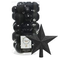 Decoris kerstballen 30x stuks - zwart 4/5/6 cm kunststof mat/glans/glitter mix en piek - Kerstbal - thumbnail