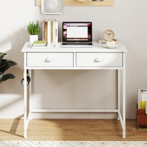 Kleine Bureau Computer Tafel met 2 Stoffen Lades 4 Haken & Metalen Frame Moderne Houten Bureau in Het Wit