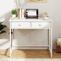 Kleine Bureau Computer Tafel met 2 Stoffen Lades 4 Haken & Metalen Frame Moderne Houten Bureau in Het Wit