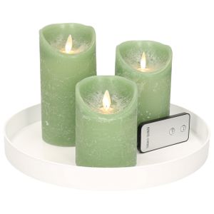 Ronde kaarsenplateau wit van kunststof D27 cm met 3 jade groene LED-kaarsen 10/12,5/15 cm