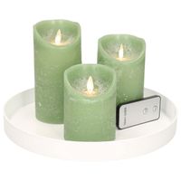 Ronde kaarsenplateau wit van kunststof D27 cm met 3 jade groene LED-kaarsen 10/12,5/15 cm