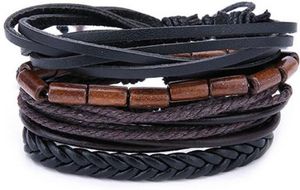 Leren armbanden set met houten kralen zwart bruin