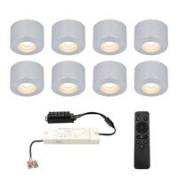 Set van 8 Navarra Mini LED Opbouwspots met Trafo - 12 Volt 3 Watt 200 lumen - Dimbaar - Plat 21,5mm - 2700K - IP44 waterdicht - Aluminium