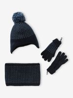 Jongensset muts + snood + handschoenen of wanten van driedubbel jacquardbreisel nachtblauw - thumbnail