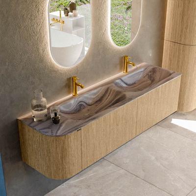 Badmeubel Mondiaz Kurve-Dlux | 165 cm | Meubelkleur Oak | Wastafelkleur Sombra | Solid surface | Dubbel / Rechts spoelbak | 2 kraangaten