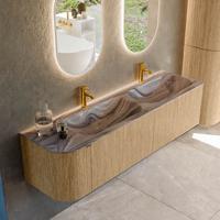 Badmeubel Mondiaz Kurve-Dlux | 165 cm | Meubelkleur Oak | Wastafelkleur Sombra | Solid surface | Dubbel / Rechts spoelbak | 2 kraangaten