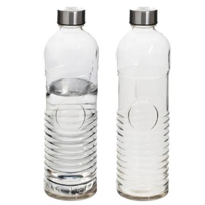 Waterfles - 2x -1 liter - gehard ribbel glas - D8 x H29 cm - drinkfles - Glazen drink flessen