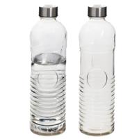 Waterfles - 2x -1 liter - gehard ribbel glas - D8 x H29 cm - drinkfles - Glazen drink flessen