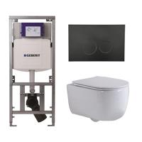 QeramiQ Dely Swirl Toiletset - 36.3x51.7cm - diepspoel - rimless - Geberit UP320 Burda inbouwreservoir - slim zitting - mat zwarte metalen bedieningsplaat - ronde knoppen - wit mat 0701131/SW706192/SW1000766/SW1026257