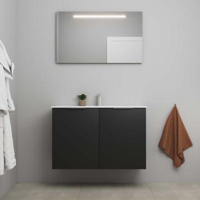 On-Line Badkamermeubelset - 100 cm - Bouwpakket - 2 Deuren met Greep - Porseleinen Wastafel - 1 Kraangat - Spiegel met LED-Verlichting - Mat Zwart