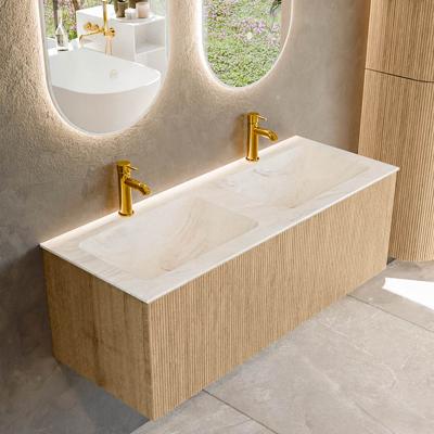 Mondiaz KURVE-DLUX 120 cm Onderkast Greeploos 1 Lade Zonder Deuren Oak, Wastafel Solid Surface Dubbel Ostra 2 Kraangaten Zonder Spiegel (KRVLEA1201L0D2KD-Oak/Ost)