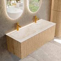 Mondiaz KURVE-DLUX 120 cm Onderkast Greeploos 1 Lade Zonder Deuren Oak, Wastafel Solid Surface Dubbel Ostra 2 Kraangaten Zonder Spiegel (KRVLEA1201L0D2KD-Oak/Ost)
