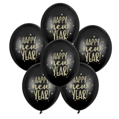 Happy New Year ballonnen - zwart/goud - 6x stuks - sterren - nieuwjaar thema