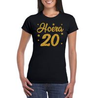 Hoera 20 jaar verjaardag cadeau t-shirt goud glitter op zwart dames - thumbnail