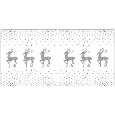 40x Kerst servetten rendier en stippen wit/zilver 33 x 33 cm
