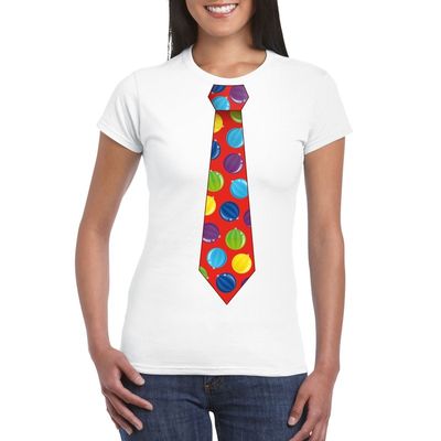 Kerst t-shirt stropdas met kerstballen print wit voor dames Kerst t-shirt stropdas met kerstballen print wit voor dames