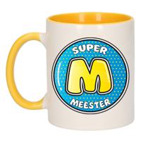 Cadeau koffie/thee mok voor meester - geel - button - super meester - keramiek - meesterdag