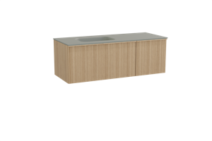 Balmani Forma zwevend badmeubel 135 x 55 cm naturel eiken met Tablo Arcato asymmetrisch linkse wastafel in solid surface steengrijs, Verticale asymmetrische ronde ribbel