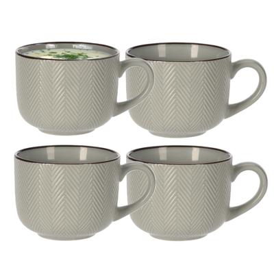 Soepkom Fishbone - 4x - lichtgroen - 12 x 9 cm - keramiek - kommetjes met oor - 560 ml