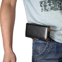 Mannen glanzende textuur draagbare mobiele telefoon terug Buckle dwarse mouw taille Pack lederen draagtas voor 6.3 Inch of onder Smartphones (zwart)