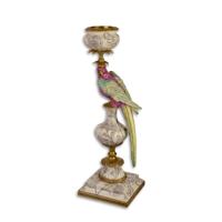 A BRONZE MOUNTED PORCELAIN PARROT CANDLESTAND