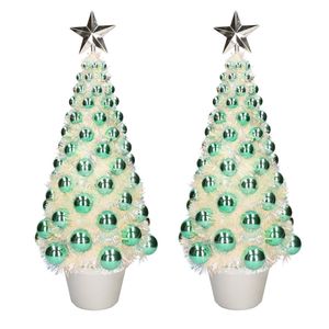 2x stuks kunstkerstbomen compleet met lichtjes en ballen groen 50 cm - Kunstkerstboom