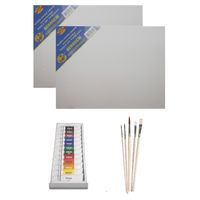 Schilders verf set van 12x tubes acrylverf/hobbyverf 12 ml + 2x canvas doek + 5x kwasten - thumbnail