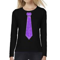 Verkleed shirt voor dames - stropdas paars - zwart - carnaval - foute party - longsleeve