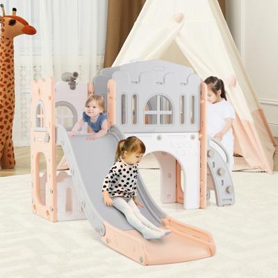 Kinder Glijbaan 9 in 1 Kinderglijbaan met Basketbalring Klimrek Tunnel Telescoop & Opbergruimte Roze+Grijs