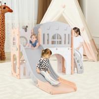 Kinder Glijbaan 9 in 1 Kinderglijbaan met Basketbalring Klimrek Tunnel Telescoop & Opbergruimte Roze+Grijs Kinder Glijbaan 9 in 1 Kinderglijbaan met Basketbalring Klimrek Tunnel Telescoop & Opbergruimte Roze+Grijs