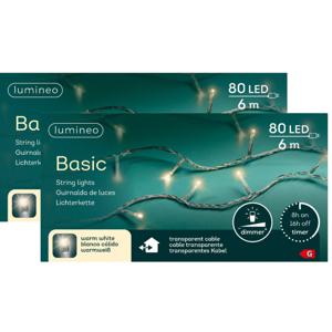 Kerstverlichting - 2x - 80 led lampjes -warm wit -600 cm - transparant snoer -timer en dimmer