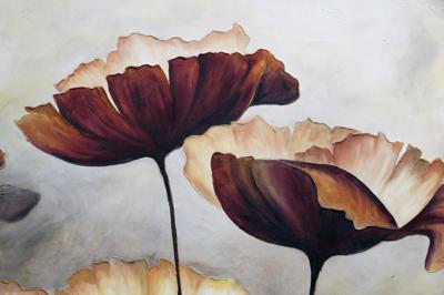 Schilderij - Klaprozen (print van handgeschilderd) , Bruin beige , Wanddecoratie - 100x70cm