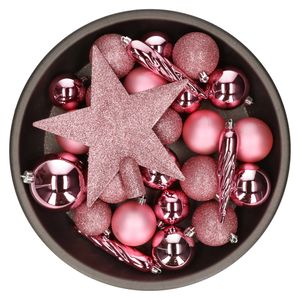 Set van 33x stuks kunststof kerstballen met ster piek lippenstift roze mix - Kerstbal