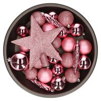 Set van 33x stuks kunststof kerstballen met ster piek lippenstift roze mix - Kerstbal - thumbnail