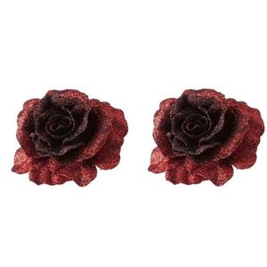 2x Kerstboomversiering op clip donkerrode glitter roos 10 cm